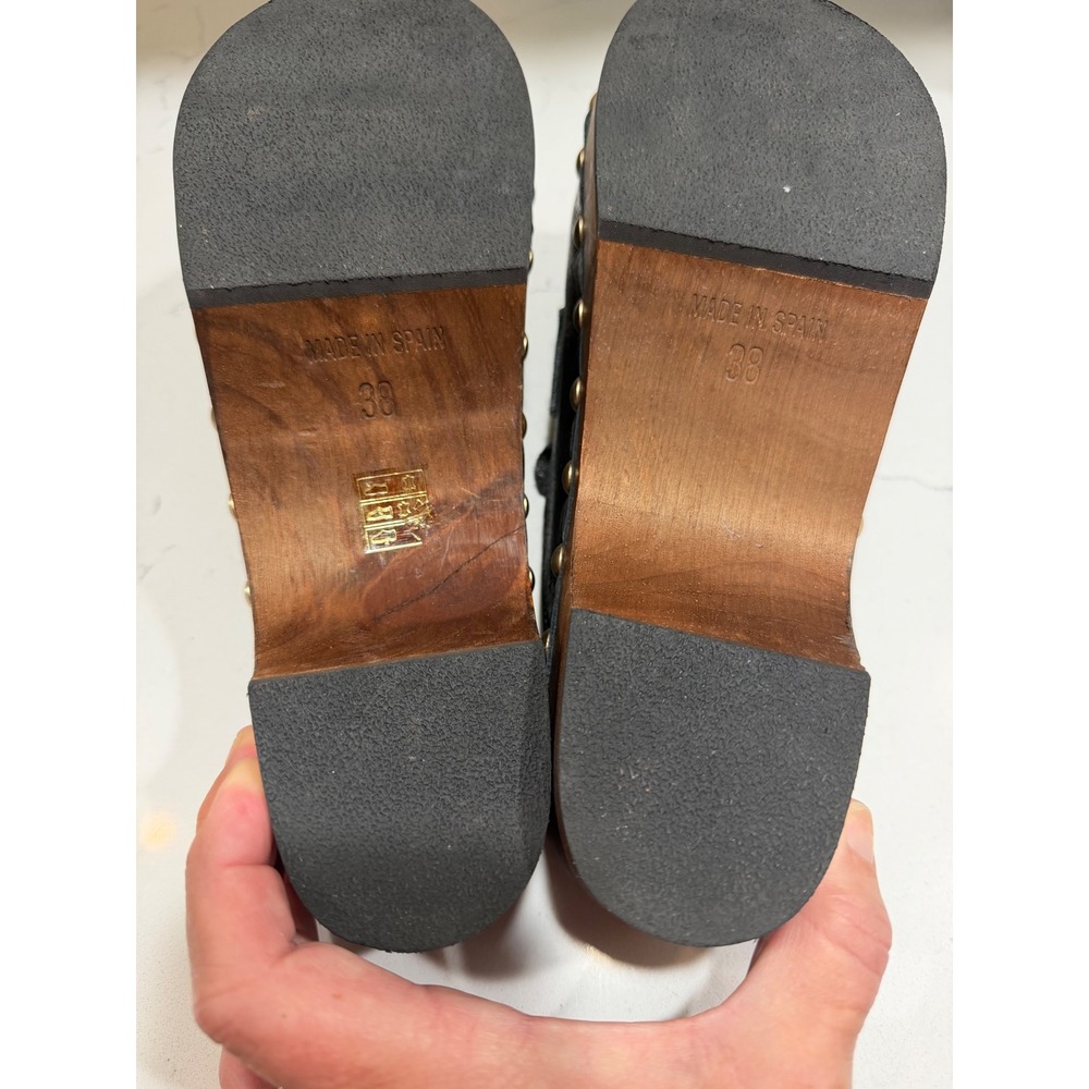 Boden Black Leather Iris Clogs Wooden Platform Studded Brass Mules Spain Size 38 - Picture 4 of 6